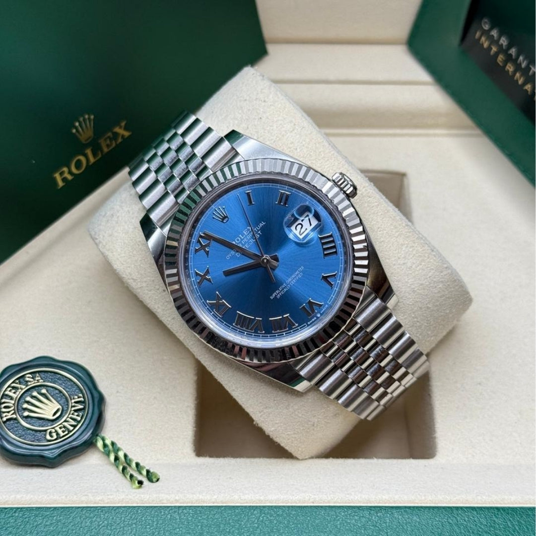 Rolex Datejust 41 Azzurro Blue Roman Dial Jubilee Full Set
