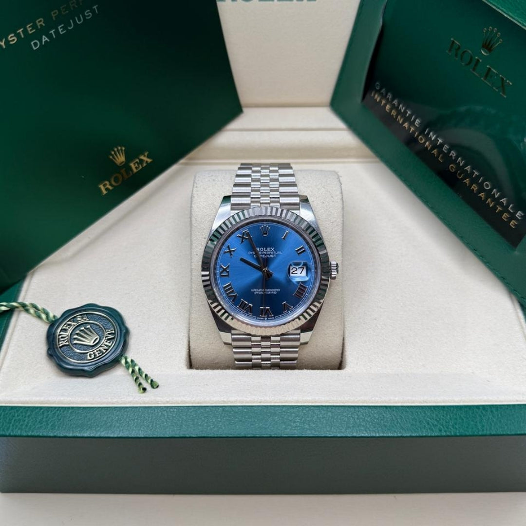 Rolex Datejust 41 Azzurro Blue Roman Dial Jubilee Full Set